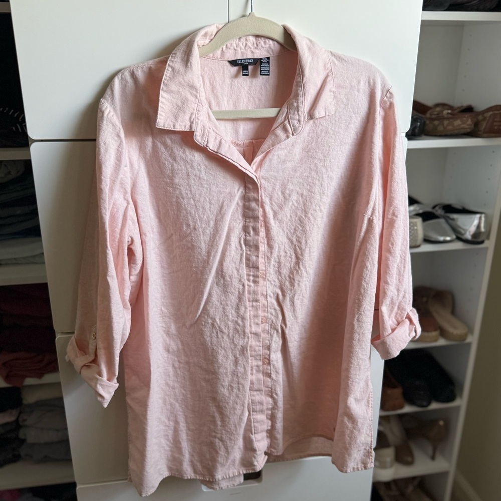Ellen Tracy Linen Blend Light Pink Button Up Long Sleeve Shirt Size XL